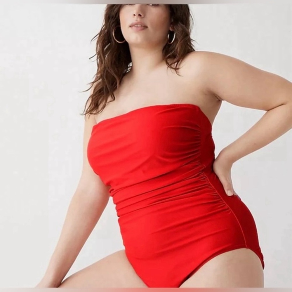 NWT J. Crew Gemma Ruched Bandeau One-Piece Swimsuit in Red Cerise Plus Size 22W